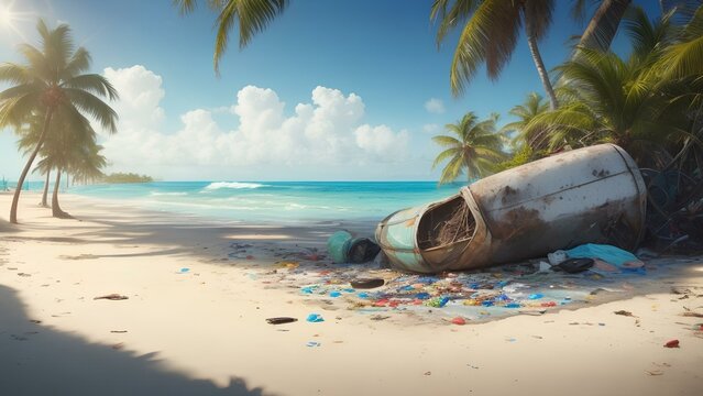 Trash and Debris that washed up on a beautiful tropical beach