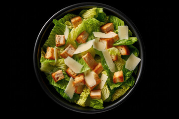 Caesar salad top view black background Generative AI