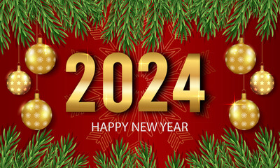 Happy New Year 2024 golden numbers with Christmas banner, festive Christmas composition, top view of Christmas tree balls, snowflakes, green tree branches. Vector illustration