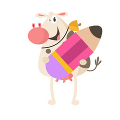 vector cute cow with big pencil cartoon vector icon illustration