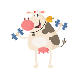 vector cute cow lifitng dumblle cartoon vector icon illustration