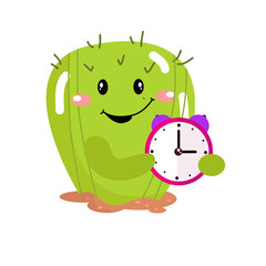 vector cute cactus with alarm clock cartoon vector icon illustration