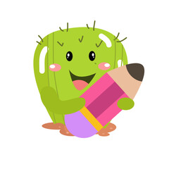 vector cute cactus holding big pencil cartoon vector icon illustration
