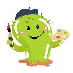 vector cute cactus painter cartoon vector icon illustration