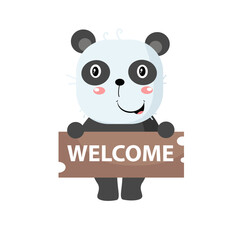 Vector cute panda with welcome board cartoon vector icon illustration