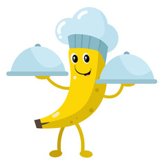 Vector cute banana chef bring dishes cartoon fruit icon illustration