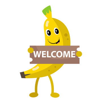Vector cute banana with welcome board cartoon fruit icon illustration