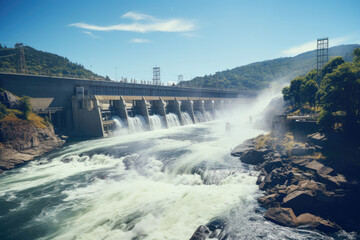A hydroelectric dam releasing a controlled flow of water to generate renewable energy. Generative Ai.