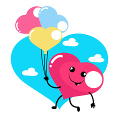 vector cute heart walking with ballon cartoon icon illustration