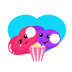 vector cute heart couple with popcorn cartoon icon illustration