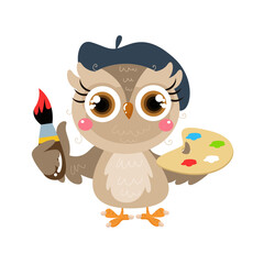  vector cute owl painter cartoon vector icon illustration