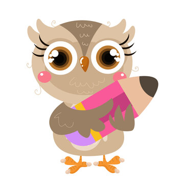  vector cute owl hugging pencil cartoon vector icon illustration