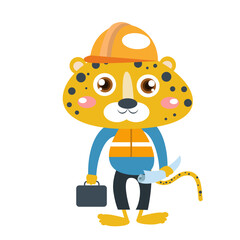 Vector cute cheetah cat construction workers cartoon vector icon illustration