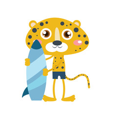 Vector cute cheetah cat with surfboard cartoon vector icon illustration