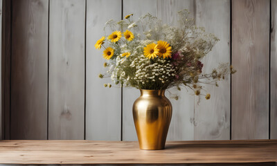 Beautiful vase with wild flowers on a rustic wooden table, with a wooden wall background