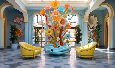 A vivid, elaborate seating area with humungous glass flower sculptures, tray ceiling and yellow chairs.