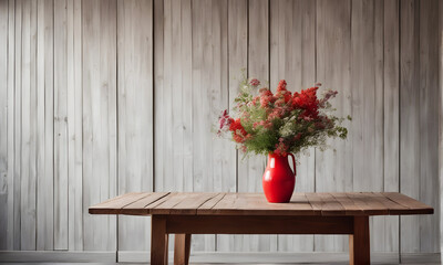 Beautiful vase with wild flowers on a rustic wooden table, with a wooden wall background