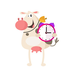 vector cute cow holding alarm clock cartoon vector icon illustration 