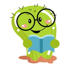 vector cute cactus reading book character illustration