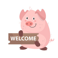 vector cute pig holding welcome board cartoon vector icon illustration