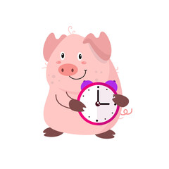 vector cute pig holding alarm clock cartoon vector icon illustration
