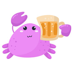 vector purple crab holding beer cartoon design illustration