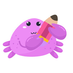 vector purple crab with pencil cartoon design illustration
