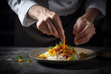 Chef adding final flourish of concentrated Saffron herb at the pass to arab dish of Kabsa Rice AI Generated