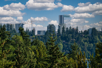 2023-09-10 THE CITY OF BELLEVUE SKYLINE WITH BUILDINGS AND CRANES AND A CLOUDY SKY WITH TREES IN...