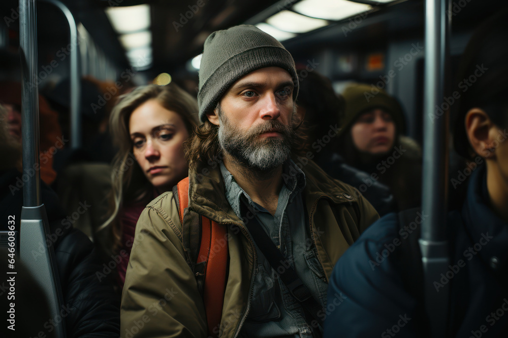 Poster commuters in transit. people commuting on a busy train, symbolizing the interwoven lives and routine