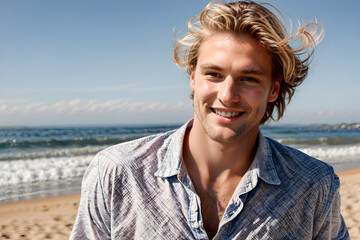 Fototapeta na wymiar Blonde man, wide smile filled with excitement, essence of a carefree summer day