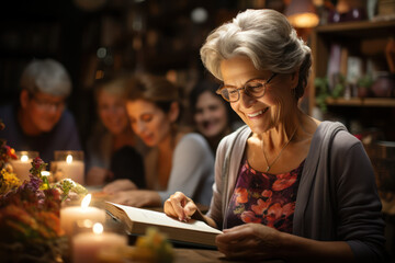 Book Club Gathering. Seniors discussing literature and exchanging ideas in a book club, showcasing their intellectual engagement. Generative AI.