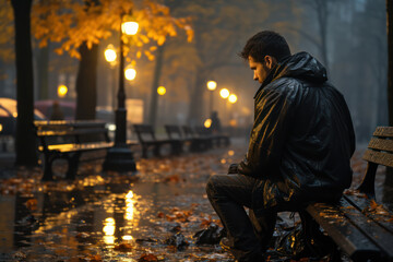 Fototapeta premium Homelessness Struggle. Person huddled on a park bench, highlighting the ongoing issue of homelessness in urban areas. Generative AI.