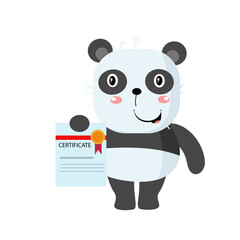 Naklejka premium vector cute panda holding champion certificate cartoon vector icon illustration