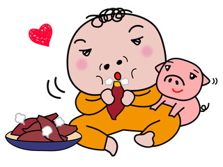 A person eating piping hot roasted sweet potatoes, and a pig watching it. Humorous comic. Roasted sweet potatoes are a healthy snack that Japanese people love. 