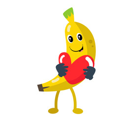 Vector cute banana holding heart cartoon mascot illustration