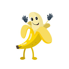 Vector cute peeled banana raise hands cartoon fruit icon illustration