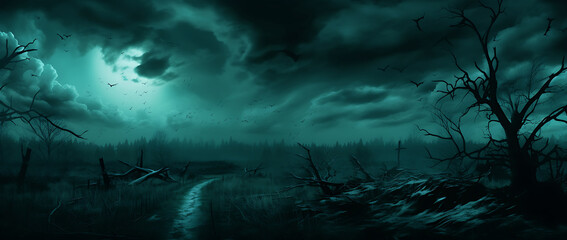 Halloween background with horror house, tree dark moon, pumpkin, Graveyard Spooky Night