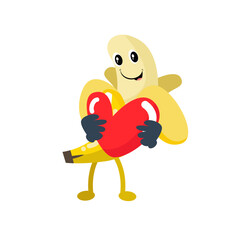 Vector cute peeled banana holding heart cartoon fruit icon illustration