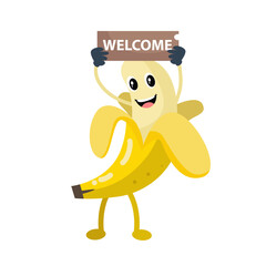 Vector cute peeled banana holding welcome board cartoon fruit icon illustration