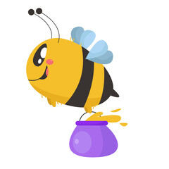 Obraz premium vector Cute bee holding jar of honey cartoon illustration.