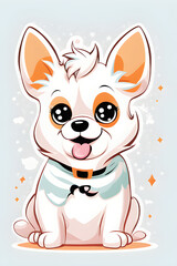 Illustration of an adorable puppy. He is sitting and smiling. He has expressive eyes. Light background. Colorful and cute design.
