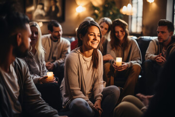 Fototapeta premium Support group meeting, portraying individuals coming together to share their experiences and find solace in one another's stories of pain and illness. Generative Ai.