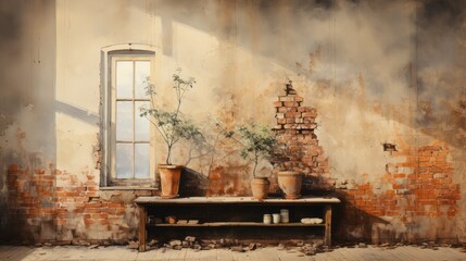 An illustration of a painted interior with aged painted brick. Generative AI. 