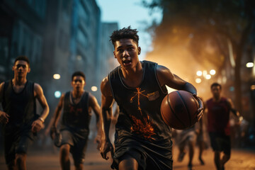 A group of friends engage in a friendly basketball match, embodying the importance of physical activity and social interaction within a active lifestyle. Generative Ai.