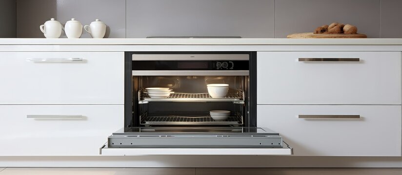 High quality photo of a modern, white kitchen with open drawers and oven door.