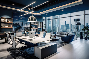 Elegance in Navy: A Captivating Office Interior that Exudes Sophistication and Tranquility
