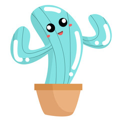  vector cute cactus blue with two branches in pot cartoon vector icon illustration nature object icon