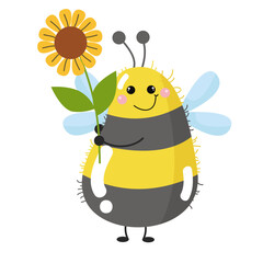 vector hand drawn cartoon bee holding sunflower illustration