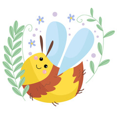  vector hand drawn cartoon bee illustration with a background of leaves and flowers